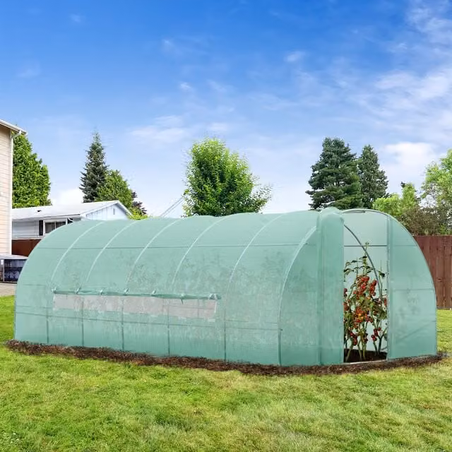 Outsunny Reinforced Walk In Polytunnel Greenhouse with Steel Frame and Window, Green