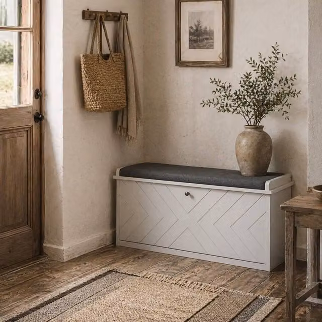Wyld Haus Kera White Shoe Bench with 2 Flip Drawers and Adjustable Shelf – 1