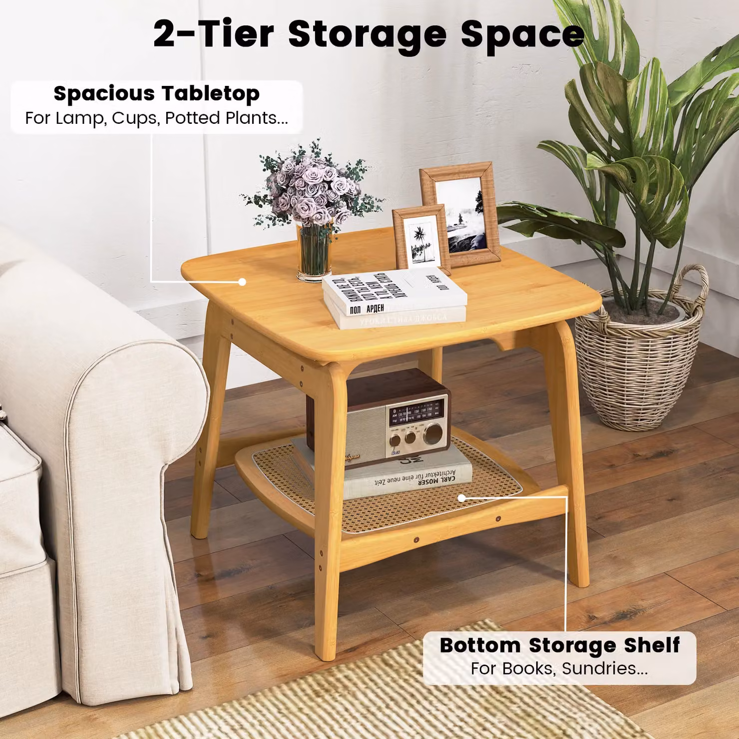 Gymax Boho Bamboo Coffee Table with Faux Rattan Shelf in Natural Brown – 2