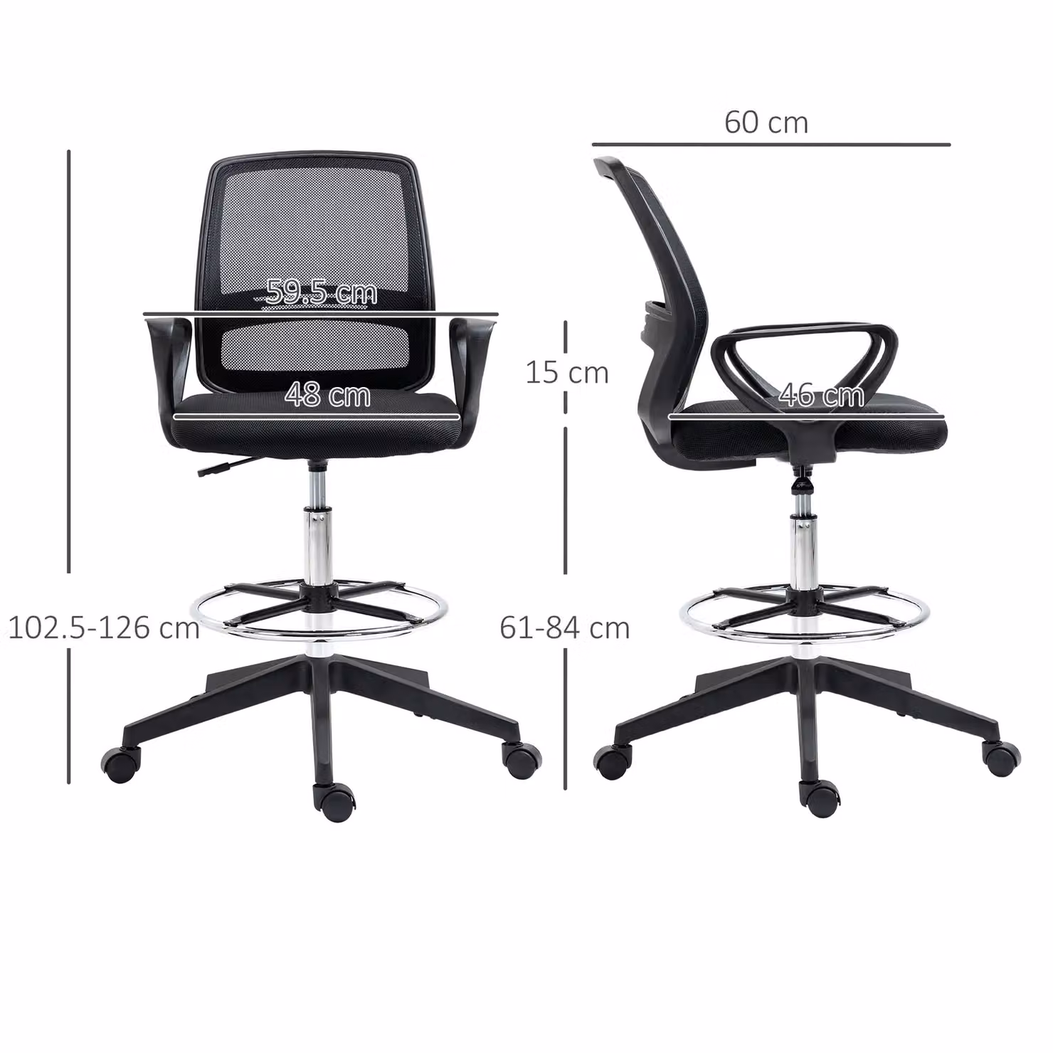 Vinsetto Ergonomic Mesh Back Drafting Chair with Foot Ring and 360 Degree Swivel, Black – 3