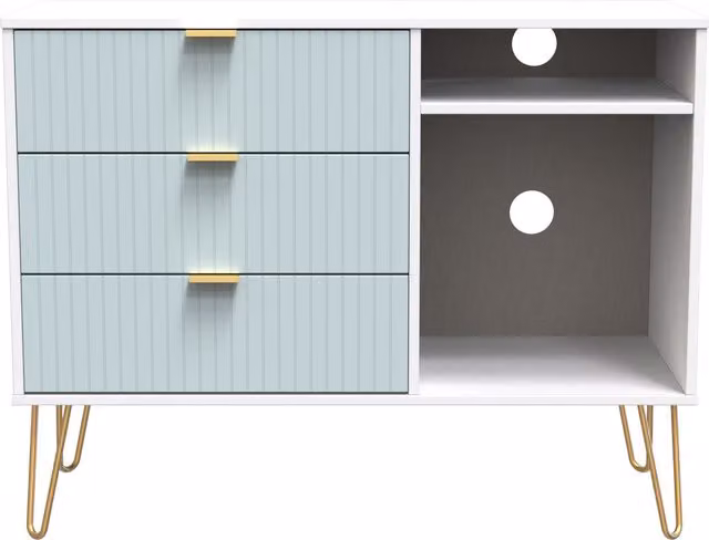 Ready Assembled 2 U Bexley Modern 3 Drawer TV Unit in Duck Egg Blue with Gold Metal Accents – 1