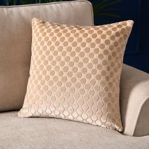 Soiree Velvet Dotted Jacquard Filled Cushion, Beige, W/D/H: 43 x 43 x 43 cm
