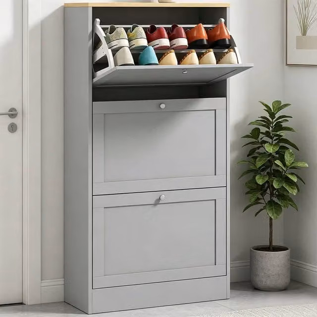 ERGOVEXA Modern Wall Mounted Grey Shoe Storage Cabinet with Tilting Compartments and Internal Shelves