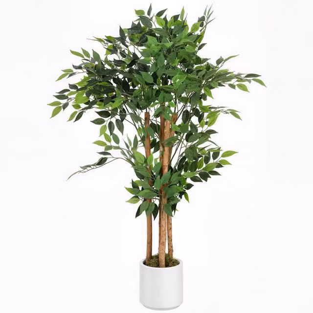 HOMCOM 120cm Artificial Ficus Tree in Green and White with Wood and Plastic Trunk and Pot