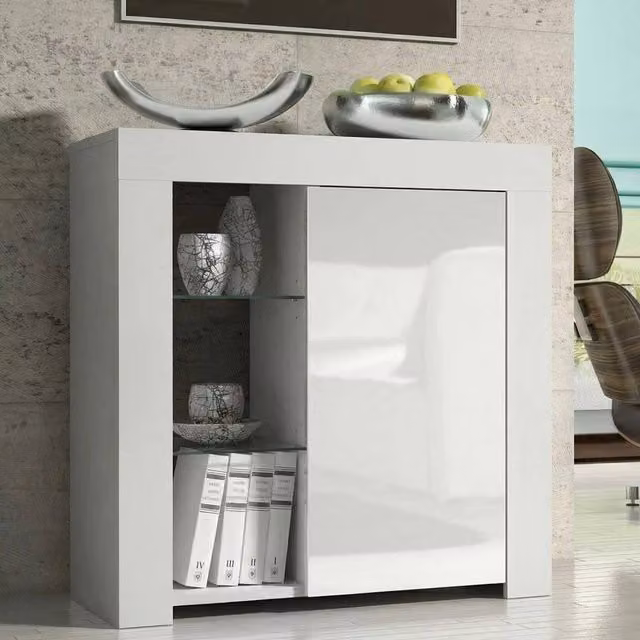 PAWNORA Modern White Matt Display Cabinet Sideboard with Glass Doors – 1