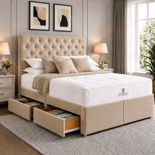 K Mehmood Enterprise Ltd Modern Upholstered Fabric Divan Bed with Headboard and Storage Drawers in Beige