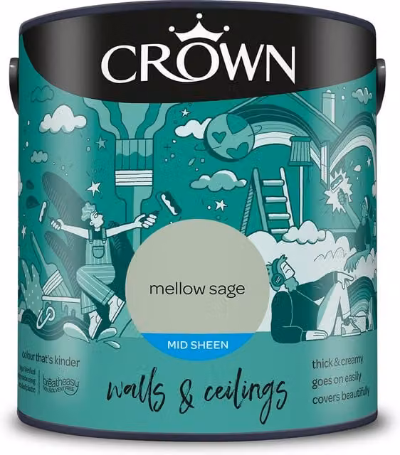 Crown Walls and Ceilings Mid Sheen Emulsion in Mellow Sage Green, 2.5l