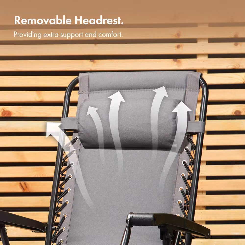 VonHaus Verona Set of 2 Padded Folding Zero Gravity Garden Chairs in Grey with Adjustable Headrest – 3