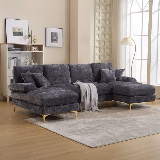 Aosom UK U-Shaped Modular Chenille Fabric Sectional Sofa with Double Chaise and Scatter Cushions, Grey, W/D/H: 272 x 136 x 88 cm