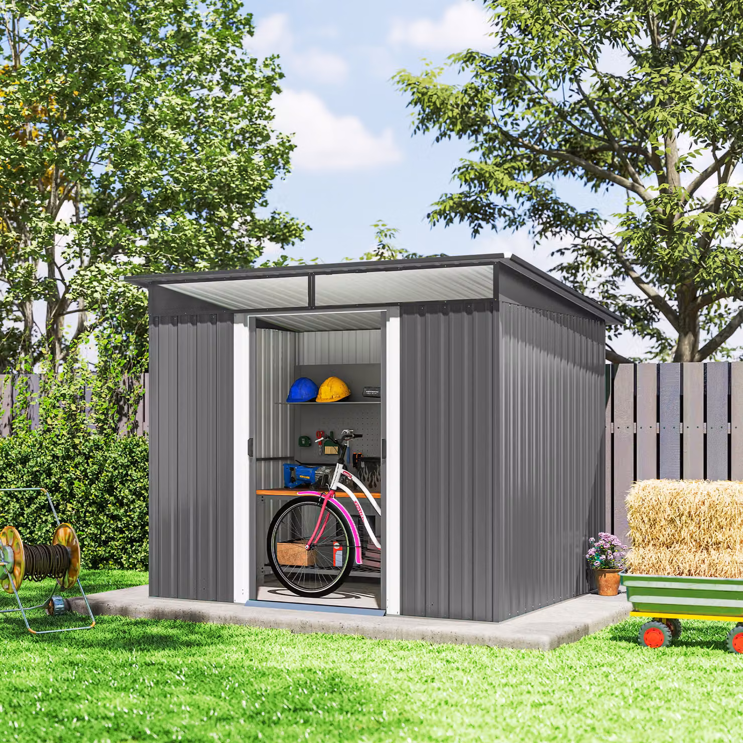 Outsunny Metal Garden Storage Shed with Double Doors and Top Window, Light Grey – 6