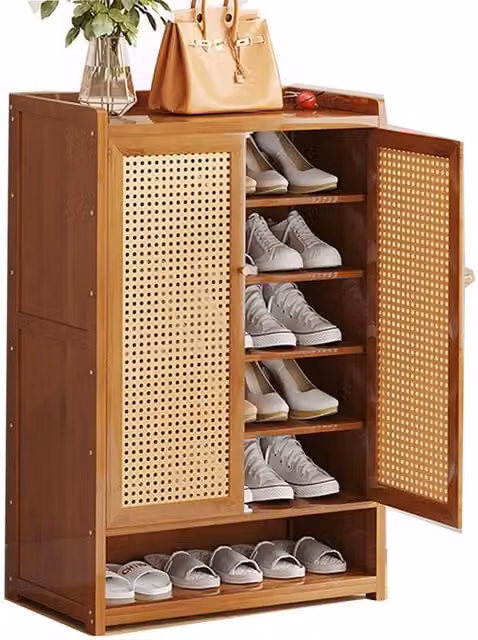 VOGREX Wooden Shoe Cabinet with Double Rattan Doors in Brown, W/D/H: 94 x 32 x 60 cm