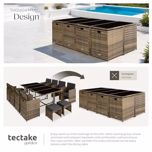 tectake Polyrattan Garden Furniture Set in Nature/Dark Grey, Including 8 Dining Chairs, 1 Table, 4 Stools and Protective Cover for Up to 12 People – 4