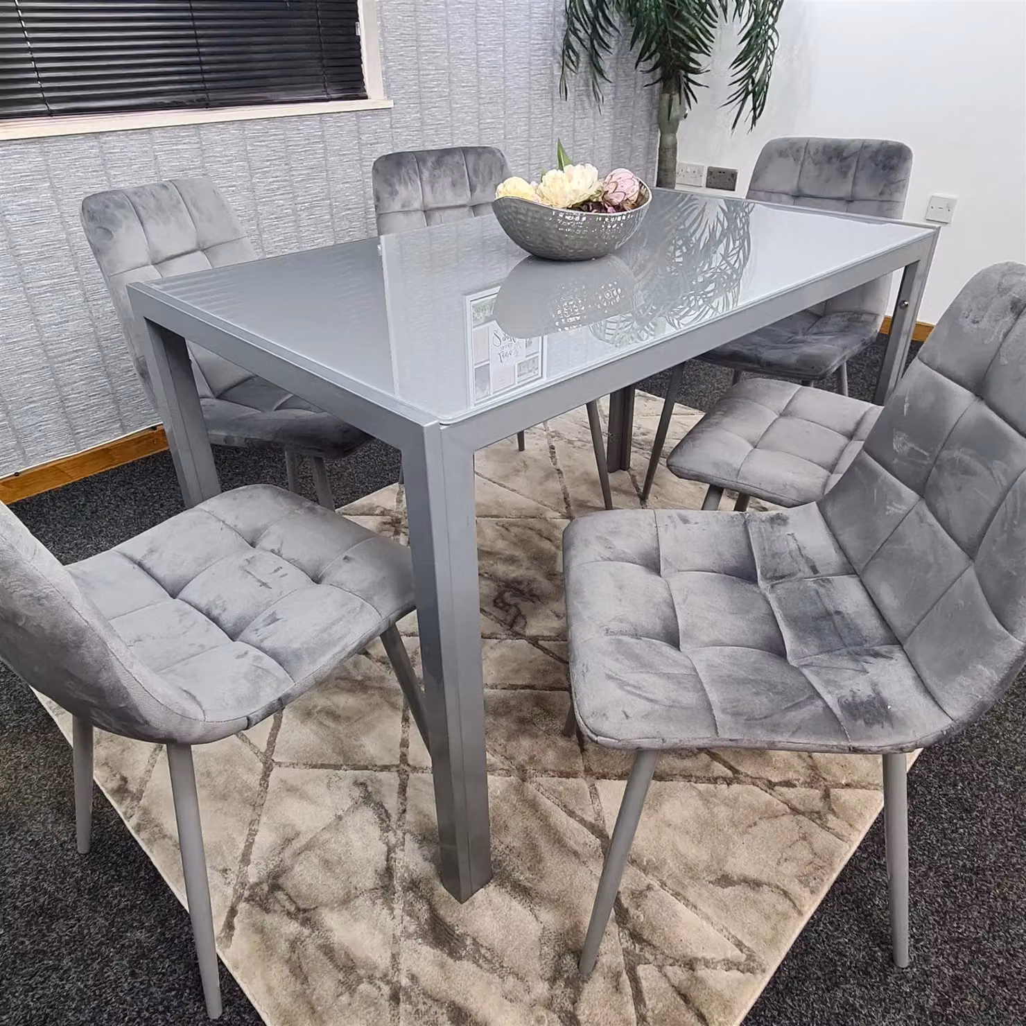 Kosy Koala Modern Rectangular Grey Glass Dining Table and 6 Grey Velvet Chairs Set in Brown – 4