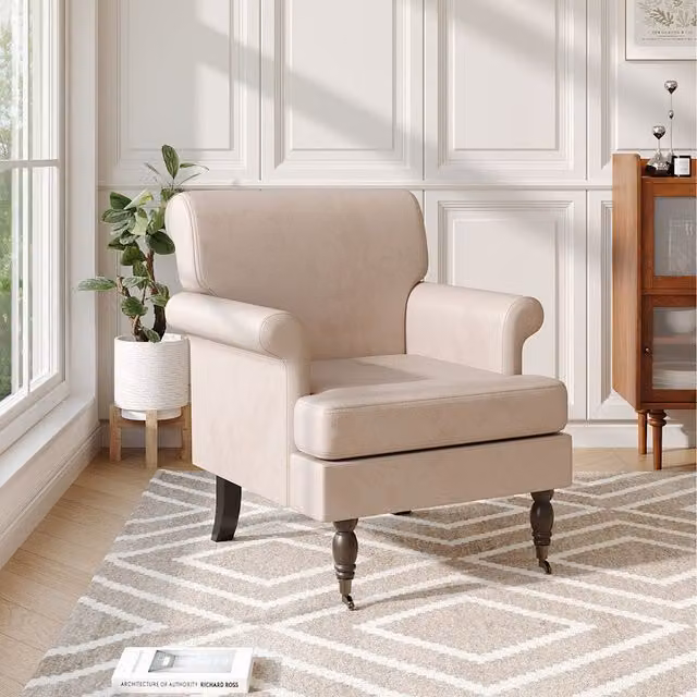 Komore Beige Velvet Armchair with Armrests and Solid Wood Frame