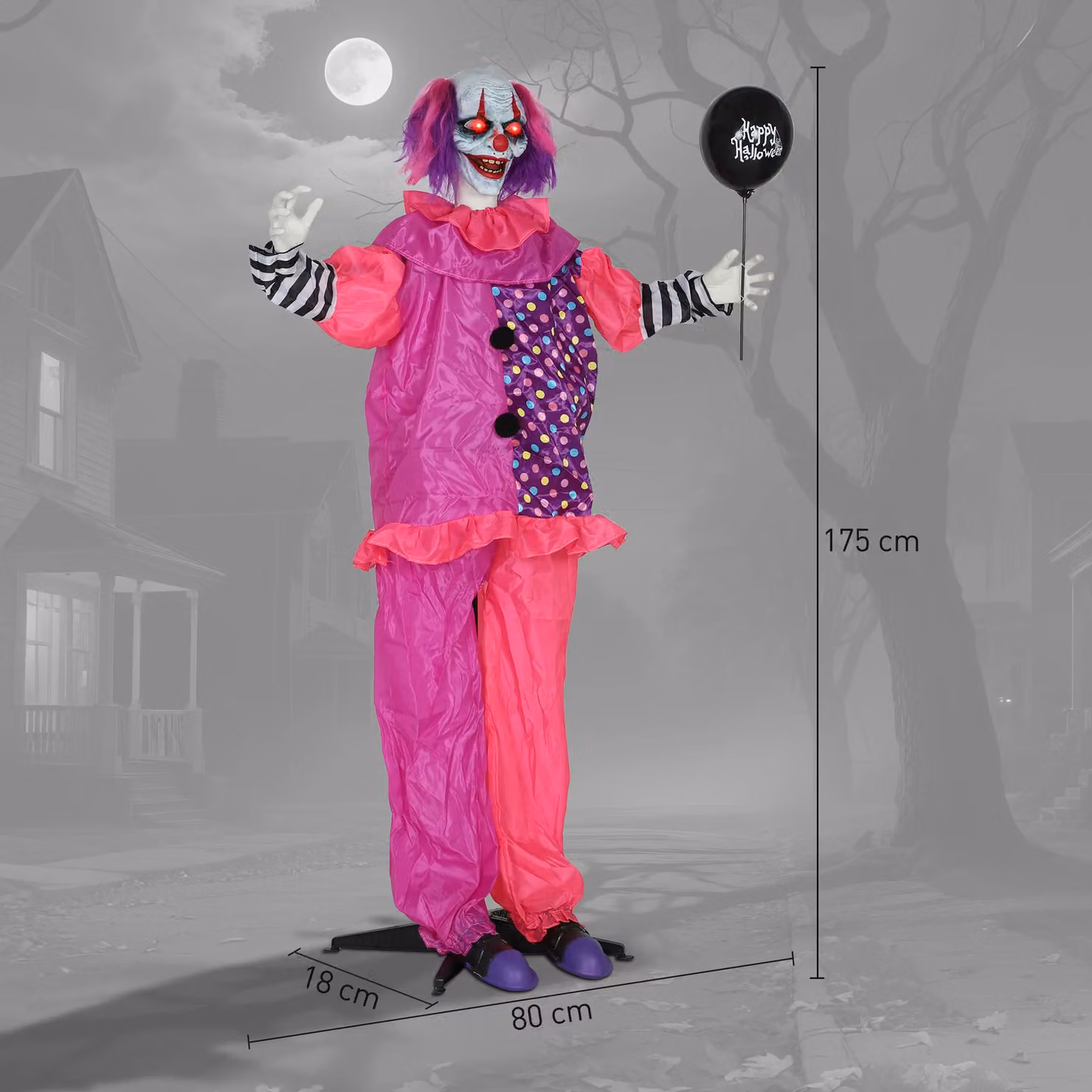 OUTSUNNY Sound Activated Halloween Animatronics Clown with Red Light Up Eyes and Multicolour Accents – 3