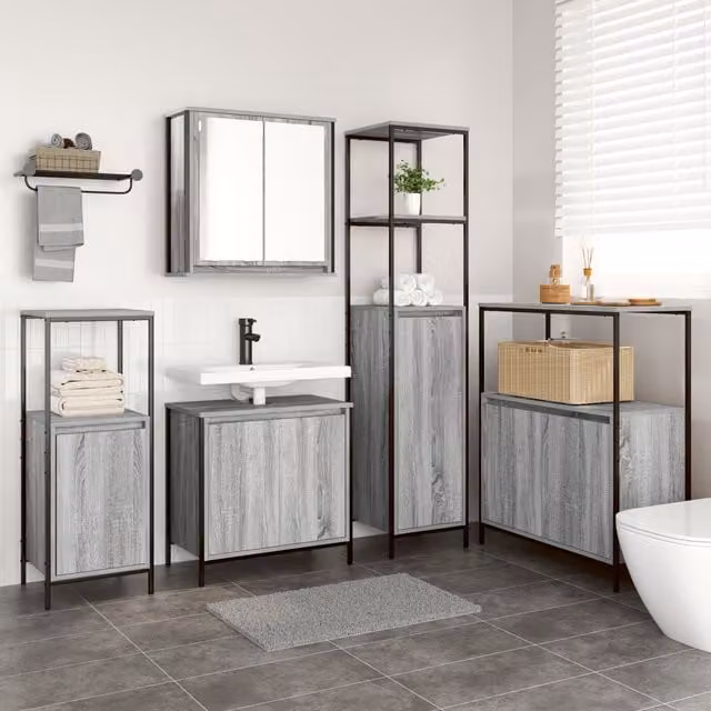 Berkfield Home 5-Piece Modern Grey Bathroom Furniture Set with Vanity Unit, Tall Cabinet and Wall Cabinet
