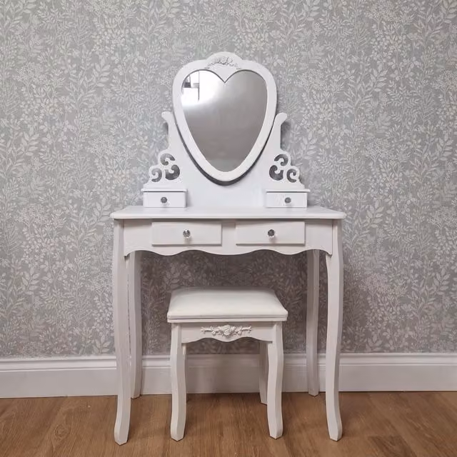 Kosy Koala Love Heart Dressing Table with Mirror and Stool in White and Pink Shabby Chic Style