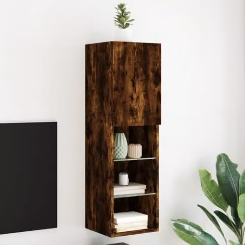 vidaXL Modern Wall Mounted TV Cabinet with Integrated LED Lights and Internal Shelves, Brown, W/D/H: 30.5 x 30.5 x 102 cm – 2