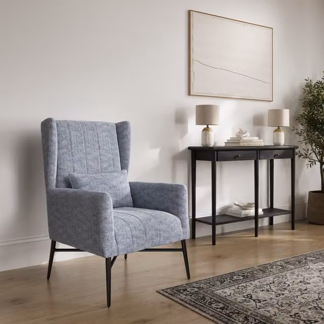 LPD Home Henley Chair in Blue Herringbone Twill Fabric with Black Metal Legs