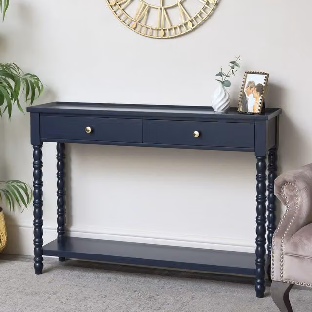 Melody Maison Navy Blue Bobble 2 Drawer Console Table with Gold Details, W: 110 cm, H: 78 cm, D: 78 cm