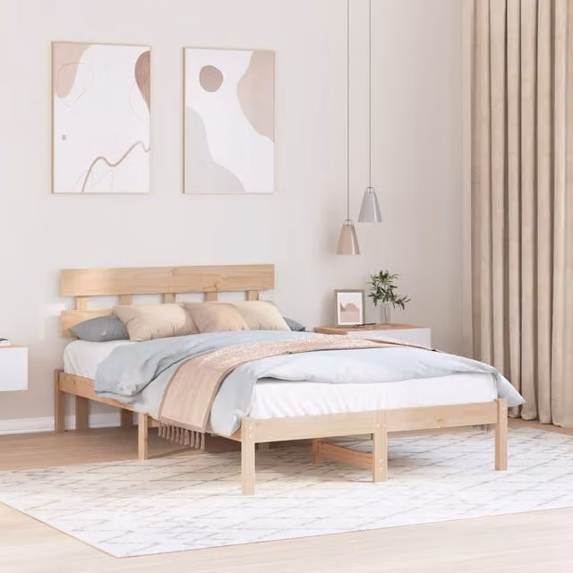 Berkfield Home Solid Wood Pine Bed Frame with Headboard in Brown, W/D/H: 200 x 120 x 80.5 cm