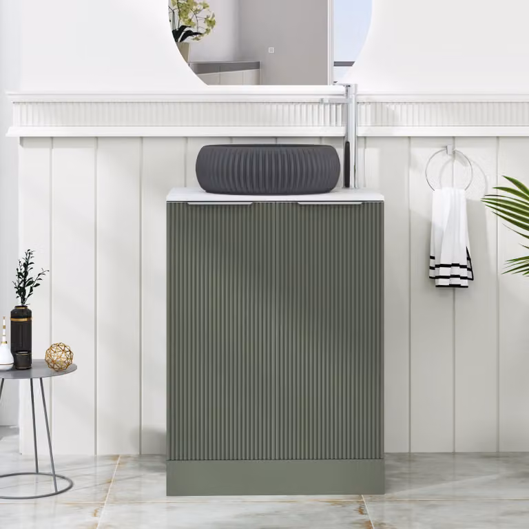 Royal Bathrooms Evora 600mm Sage Green Fluted Floor Standing 2 Door Vanity Unit with Milan Black Stone Basin