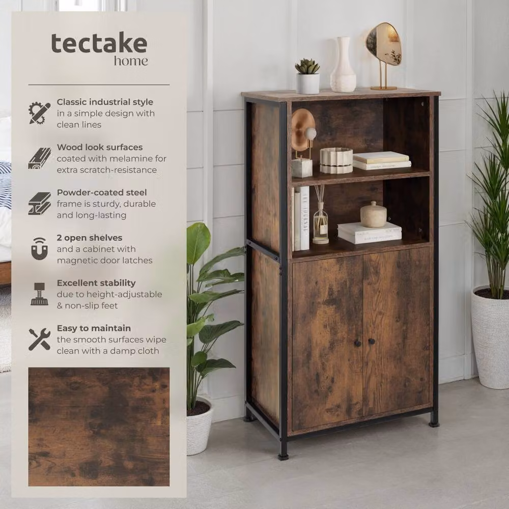 tectake Doncaster Display Cabinet in Brown Oak and Black Metal with Glass Doors and Internal Shelves – 2