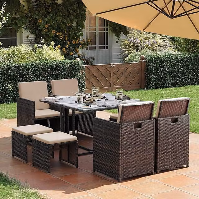 SONGMICS 9-Piece Bronze PE Rattan Patio Dining Set with Cushions