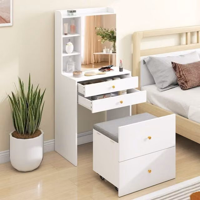HOMCOM Modern White Dressing Table with Hollywood LED Mirror and Stool