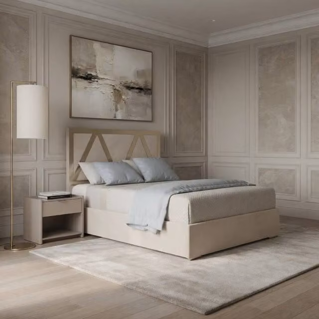 KDMD Erdington Upholstered Soft Velvet Designer Bed Frame in Beige with Metal Details, W/D/H: 140 x 200 cm