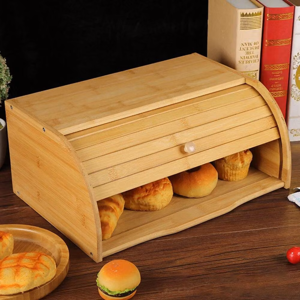 NESTLUNE Bamboo Wooden Bread Bin with Roll Top, Brown – 4