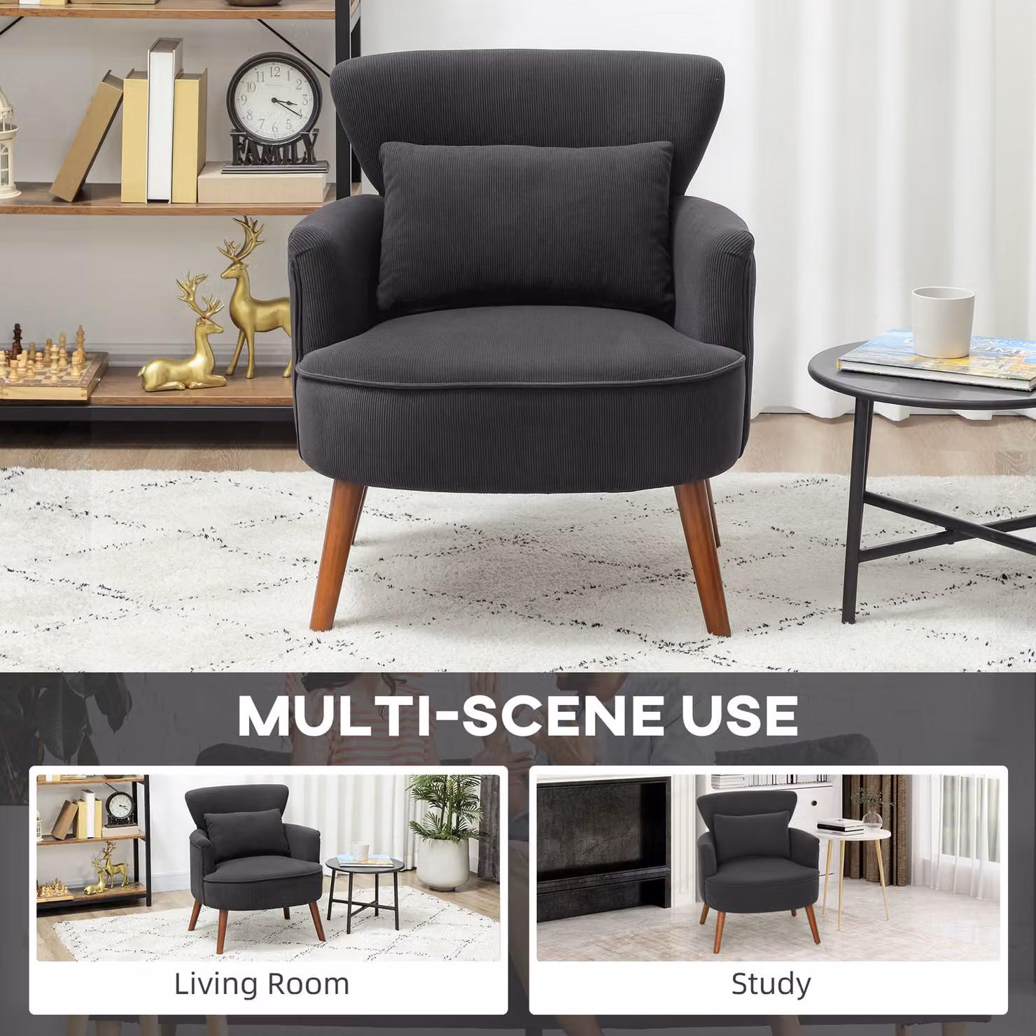 HOMCOM Retro Corduroy Tub Accent Chair with Armrests in Black – 8