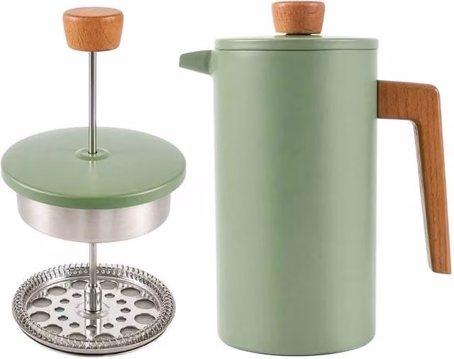 KORVIXA Double Wall Insulated French Press Coffee Maker, 1000ml, Green, Diameter: 20 cm
