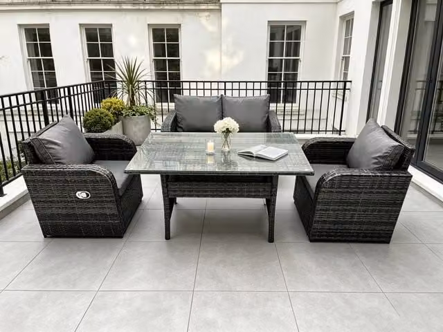 Fimous Grey Polyrattan Garden Furniture Set with 4 Reclining Seats and Glass Top Table