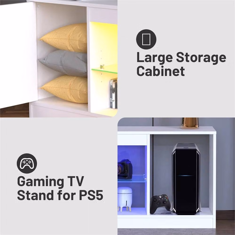 VOGREX Modern LED TV Stand with Integrated Lighting and Glass Details in White, W: 148.0 cm, D: 52.5 cm, H: 52.5 cm – 4
