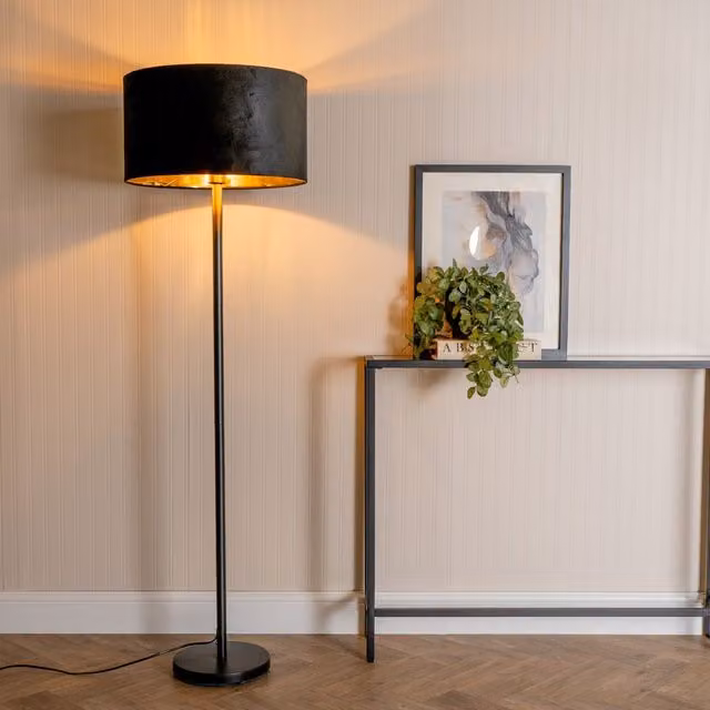ValueLights Charlie Modern Black Stem Floor Lamp with Black Velvet and Gold Shade and Warm White Bulb – 1