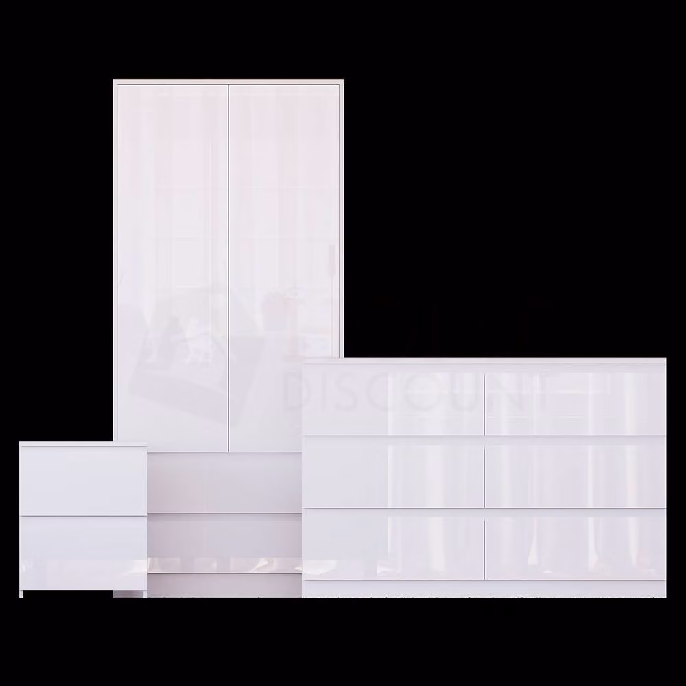 Vida Designs Glinton 3 Piece Modern Glossy White Bedroom Set Including Wardrobe, 6 Drawer Chest and 2 Bedside Tables – 2