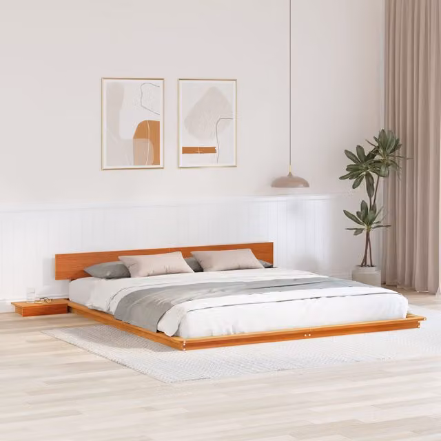 Berkfield Home Solid Wood Floor Bed Frame with Bedside Tables and Headboard in Wax Brown, 200 x 200 cm – 1