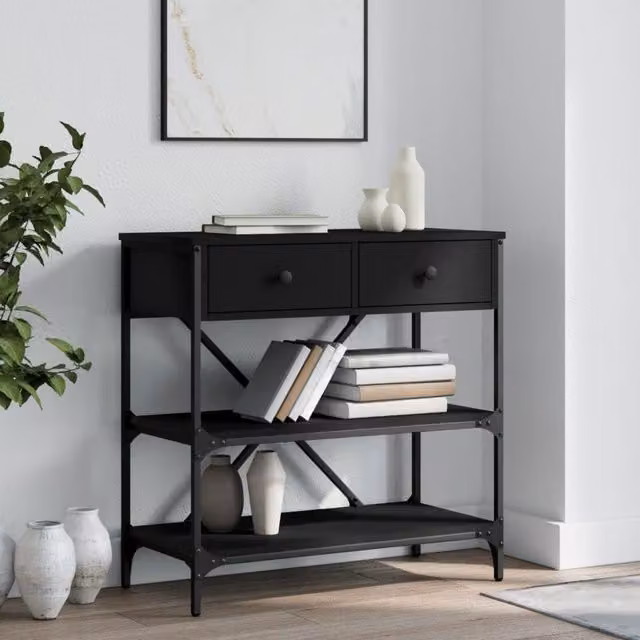 Berkfield Home Black Industrial Console Table with X-Frame Design, W/D/H: 75 x 34.5 x 75 cm