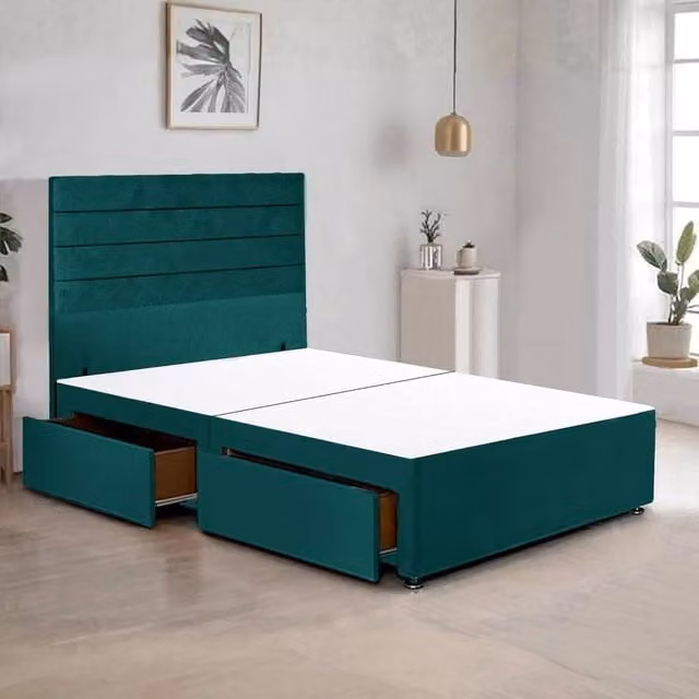 Bed Time UK Plush Velvet Divan Bed Frame with 48 inch Headboard and 2 Drawer Storage in Green, Size: Super King, W/D/H: 200 x 200 cm
