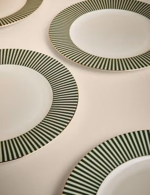 M&S Set of 4 Green Striped Bone China Adult Dinner Plates