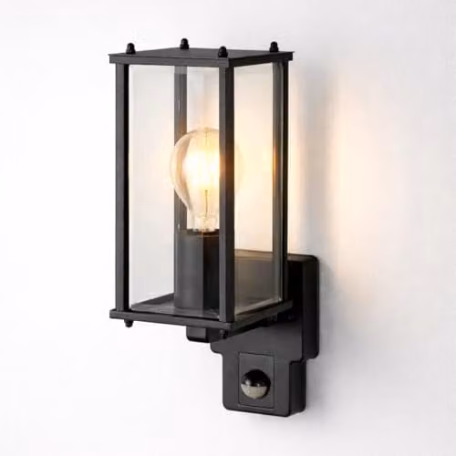 CGC Lighting Black Outdoor Wall Lantern with PIR Motion Sensor and Transparent Bevelled Glass