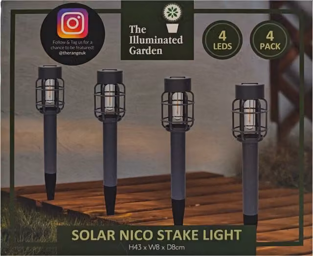 Pack of 4 Solar Nico Stake Lights in Grey with Warm White Illumination
