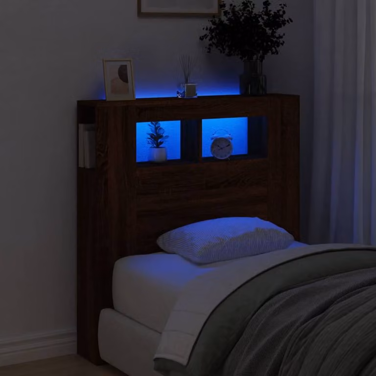 Berkfield Home Modern LED Headboard in Brown Oak, W/D/H: 180 x 18.5 x 103.5 cm