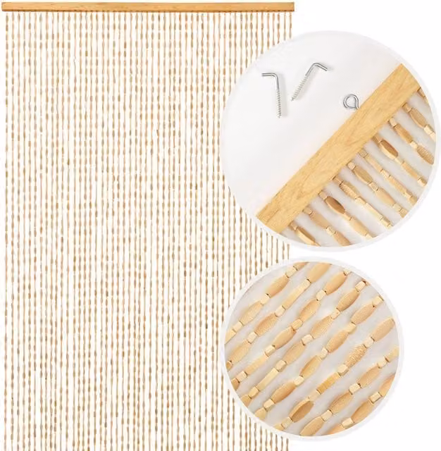 NOVECRAFTO Wooden Beaded Door Curtain with Hook, Brown, W: 90 cm, H: 200 cm