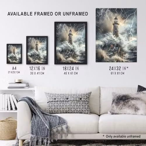 Artery8 Lighthouse Thunderstorm Sea Crushing Waves Framed Wall Art Print, Blue, A4 – 3