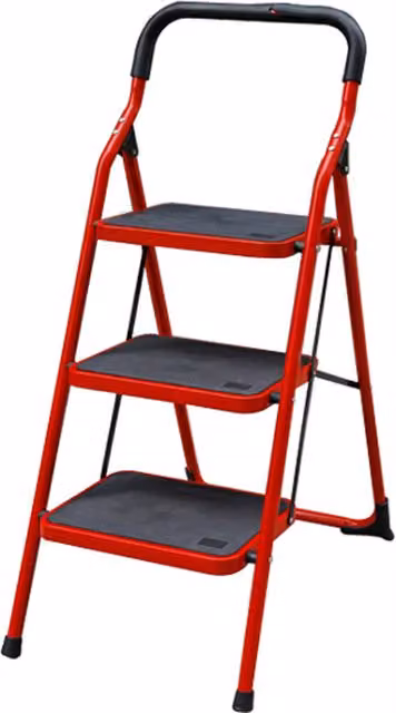TUFFMATE Folding Steel Step Ladder with Handrail in Red and Black