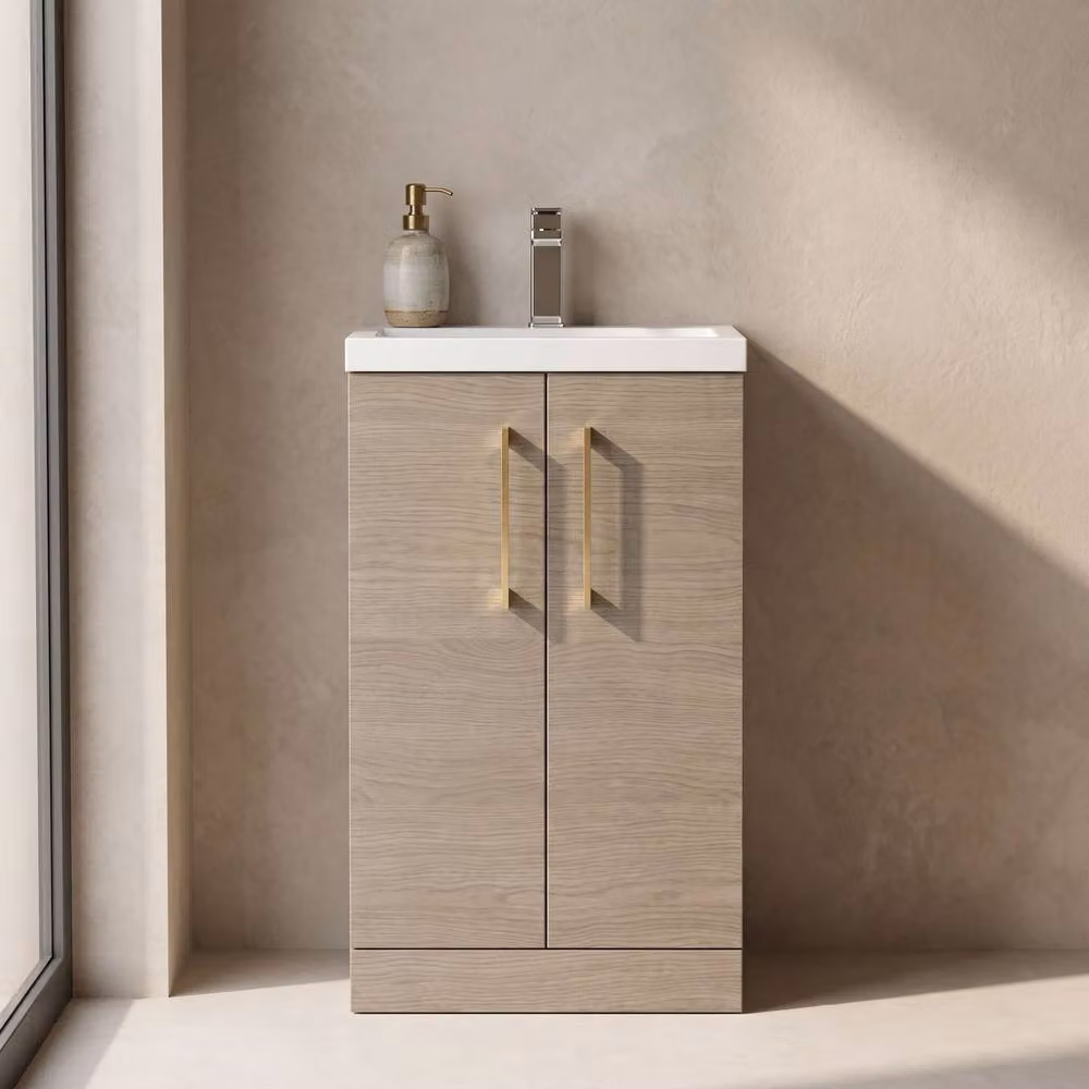 Balterley Mid Oak Brown Modern Freestanding Bathroom Vanity Basin Unit with Soft Close Hinged Doors, Width: 50 cm – 3