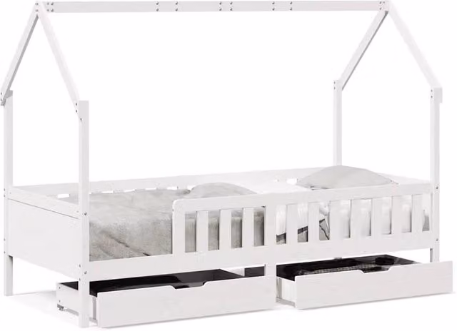Berkfield Home Kids House Bed Frame with Drawers in White Solid Pine Wood, W/D/H: 90 x 200 cm