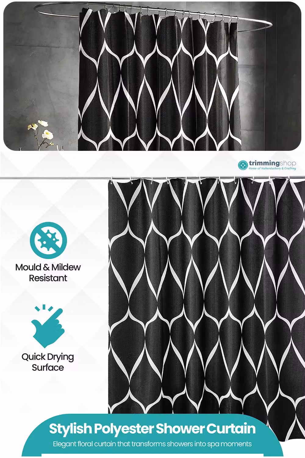 Neel Blue Lattice Design Waterproof Polyester Bathroom Shower Curtain in Black and Blue with Hooks, W: 180 cm, H: 200 cm – 3